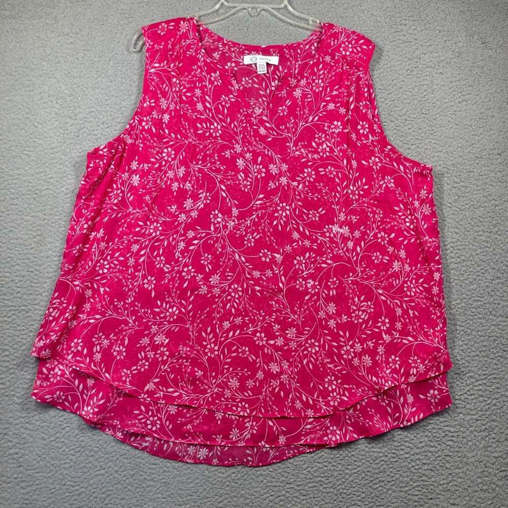 Cristina B Blouse Womens XXL Pink Floral Sleeveless Tiered Split V-Neck Tank